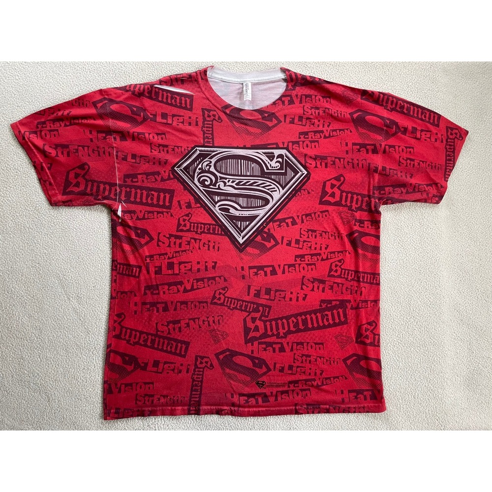 Jerzees Mens Extra Large T-Shirt Red Superman AOP Shield Graphic - Print Flaws